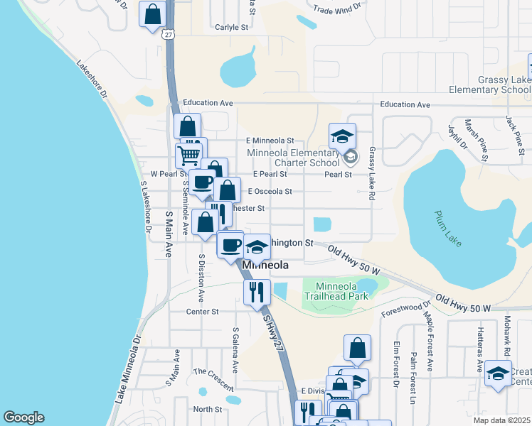 map of restaurants, bars, coffee shops, grocery stores, and more near 111 East Chester Street in Minneola