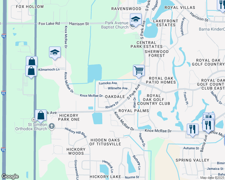 map of restaurants, bars, coffee shops, grocery stores, and more near 2621 Wilmette Avenue in Titusville