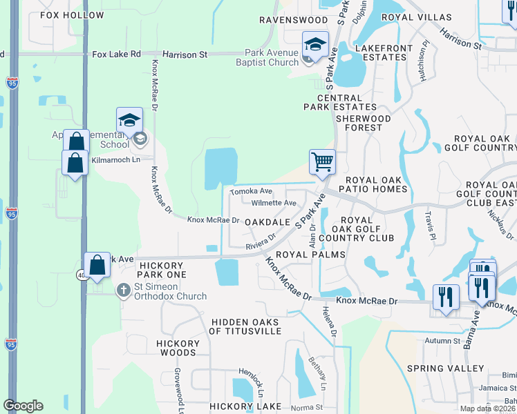 map of restaurants, bars, coffee shops, grocery stores, and more near 3520 Cumberlin Court in Titusville