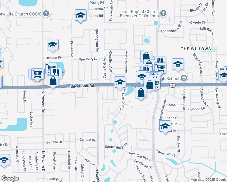 map of restaurants, bars, coffee shops, grocery stores, and more near 5539 Pine Chase Drive in Pine Hills