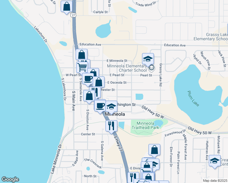map of restaurants, bars, coffee shops, grocery stores, and more near 109 East Chester Street in Minneola