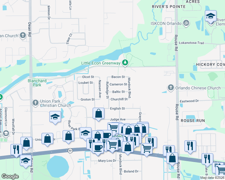 map of restaurants, bars, coffee shops, grocery stores, and more near 11515 Baltic Street in Orlando