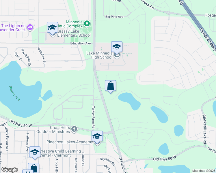 map of restaurants, bars, coffee shops, grocery stores, and more near 218 Big Sky Drive in Minneola