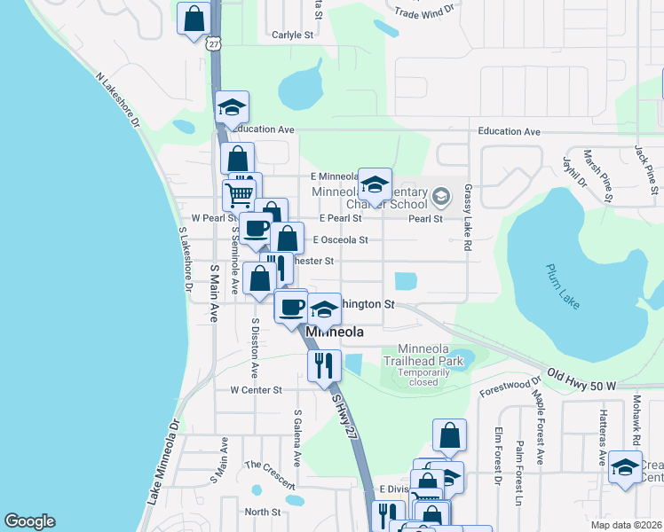 map of restaurants, bars, coffee shops, grocery stores, and more near 109 East Chester Street in Minneola