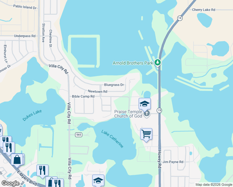 map of restaurants, bars, coffee shops, grocery stores, and more near 1140 Bluegrass Drive in Groveland