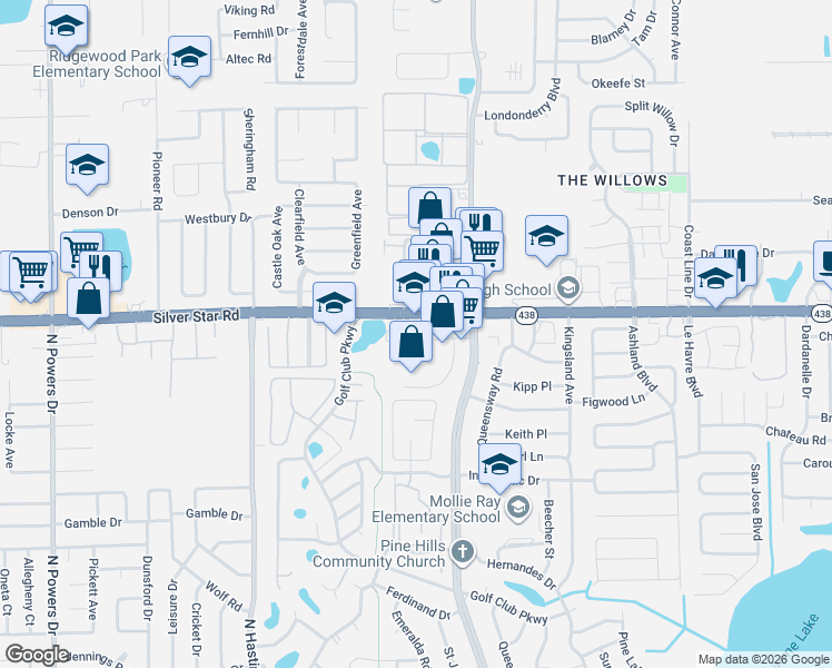 map of restaurants, bars, coffee shops, grocery stores, and more near 5324 Silver Star Road in Pine Hills