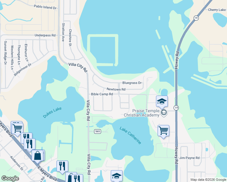 map of restaurants, bars, coffee shops, grocery stores, and more near 2044 Newtown Road in Groveland