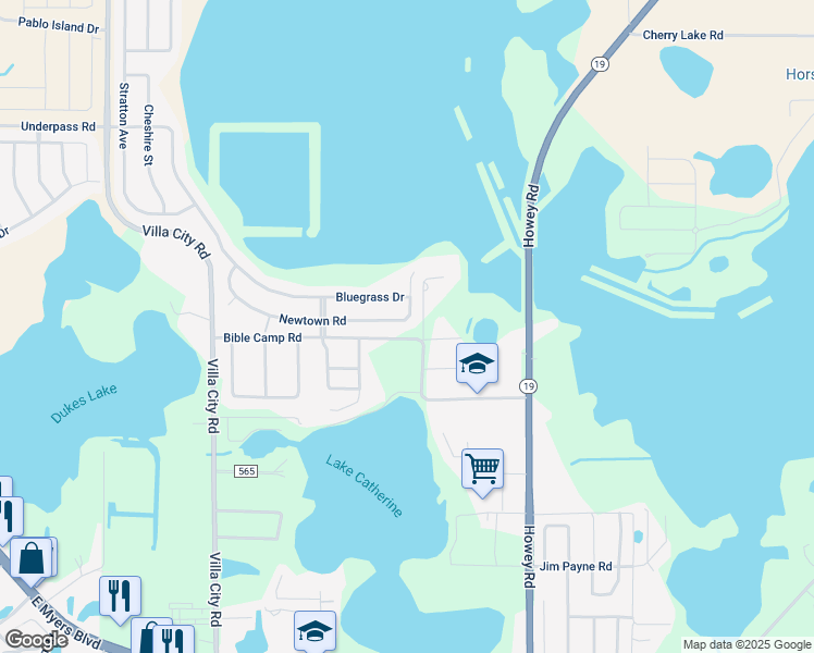 map of restaurants, bars, coffee shops, grocery stores, and more near 2090 Newtown Road in Groveland