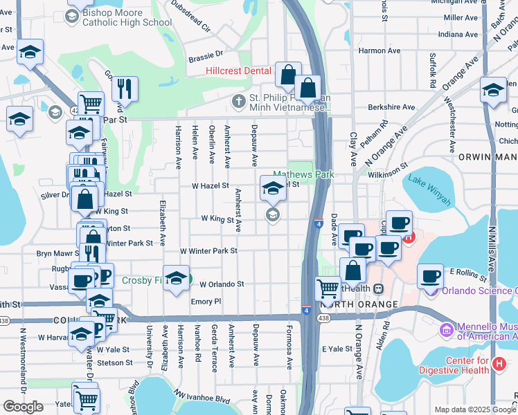 map of restaurants, bars, coffee shops, grocery stores, and more near 7 West Evans Street in Orlando