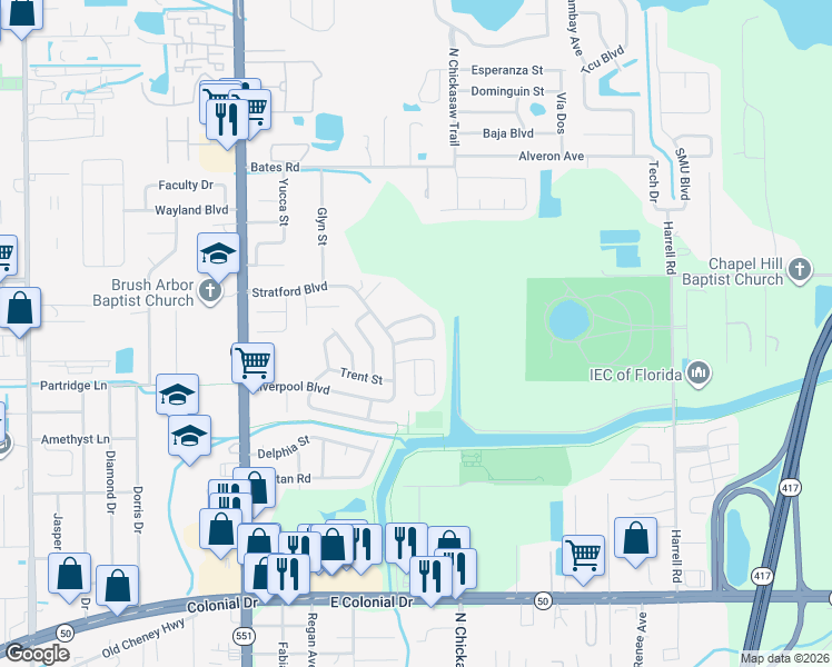 map of restaurants, bars, coffee shops, grocery stores, and more near 8047 Rhea Circle in Orlando