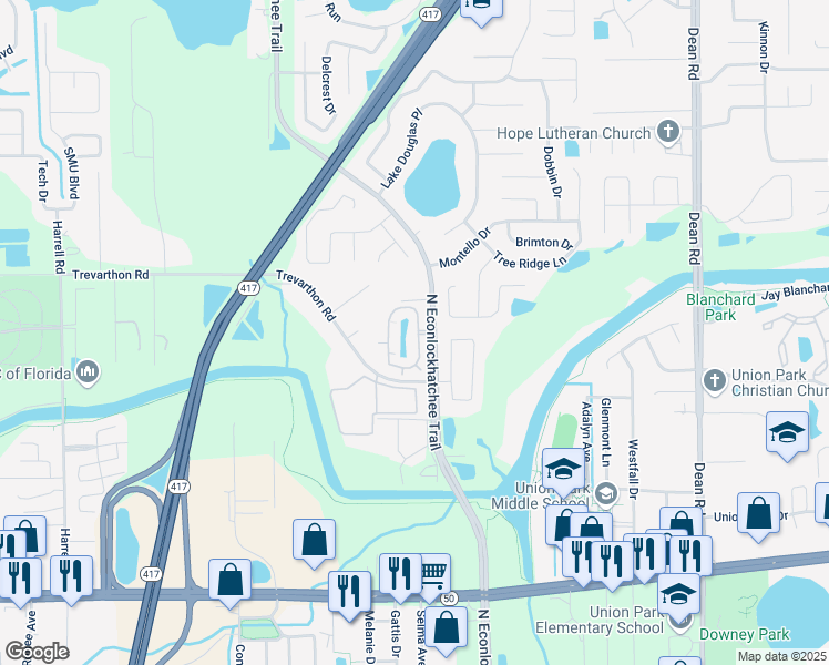 map of restaurants, bars, coffee shops, grocery stores, and more near 2458 Econ Circle in Orlando