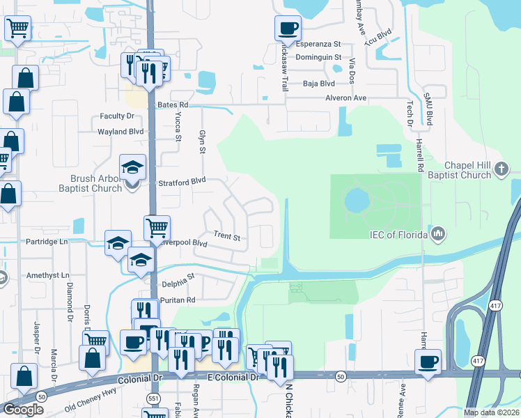 map of restaurants, bars, coffee shops, grocery stores, and more near 8047 Rhea Circle in Orlando