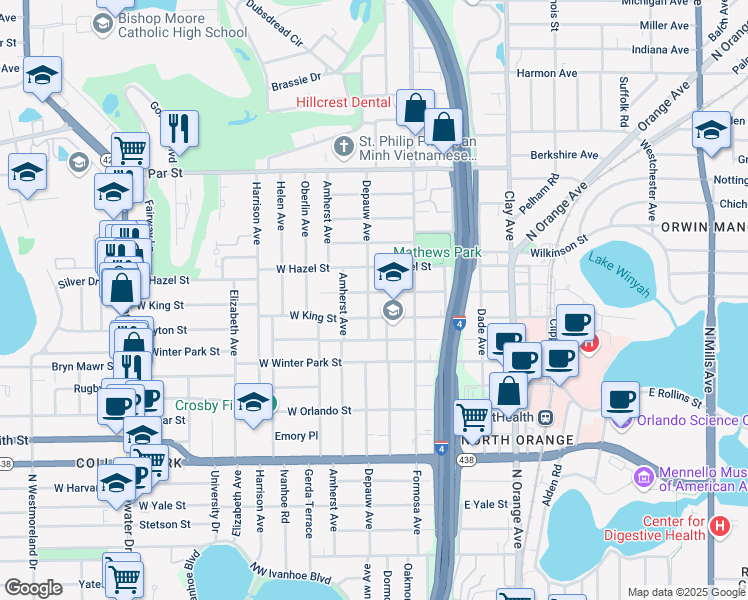 map of restaurants, bars, coffee shops, grocery stores, and more near 7 West Evans Street in Orlando