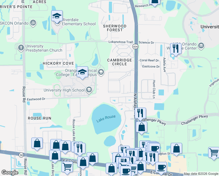 map of restaurants, bars, coffee shops, grocery stores, and more near 11660 College Park Trail in Orlando