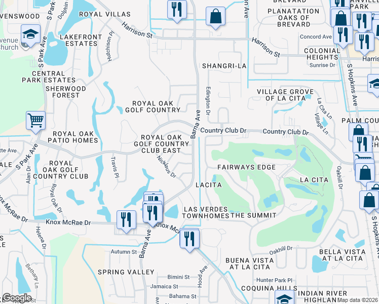 map of restaurants, bars, coffee shops, grocery stores, and more near 3417 Barna Avenue in Titusville