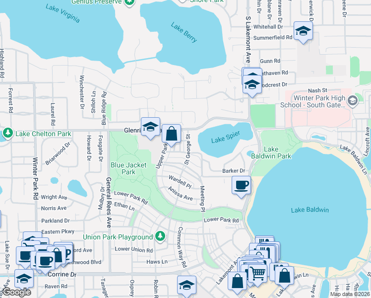 map of restaurants, bars, coffee shops, grocery stores, and more near 2820 Saint George Street in Orlando