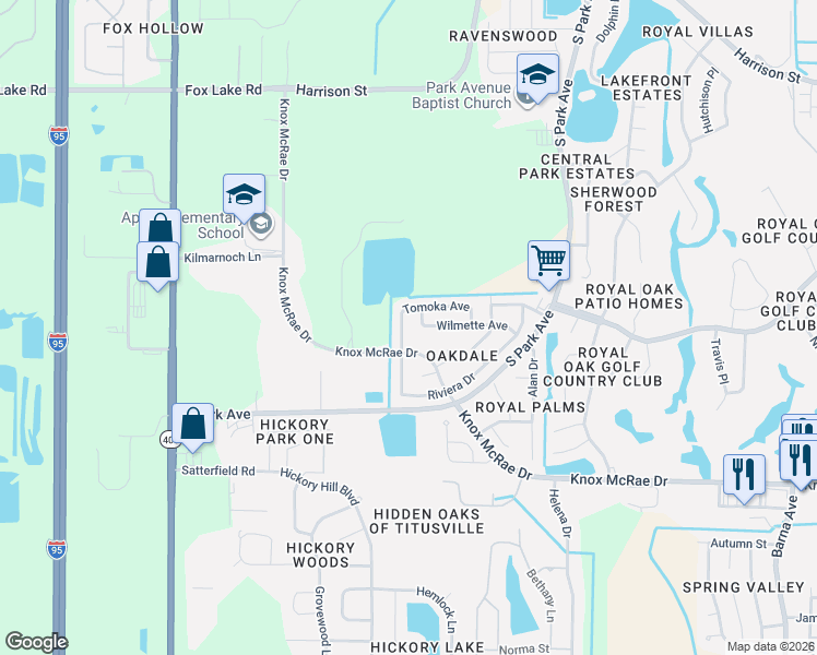map of restaurants, bars, coffee shops, grocery stores, and more near 3450 Melrose Avenue in Titusville