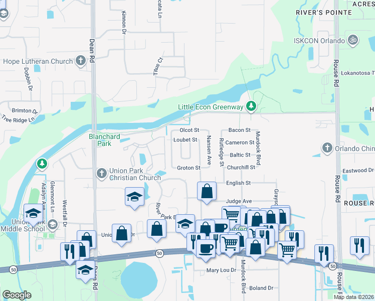 map of restaurants, bars, coffee shops, grocery stores, and more near 2320 Fleet Circle in Orlando