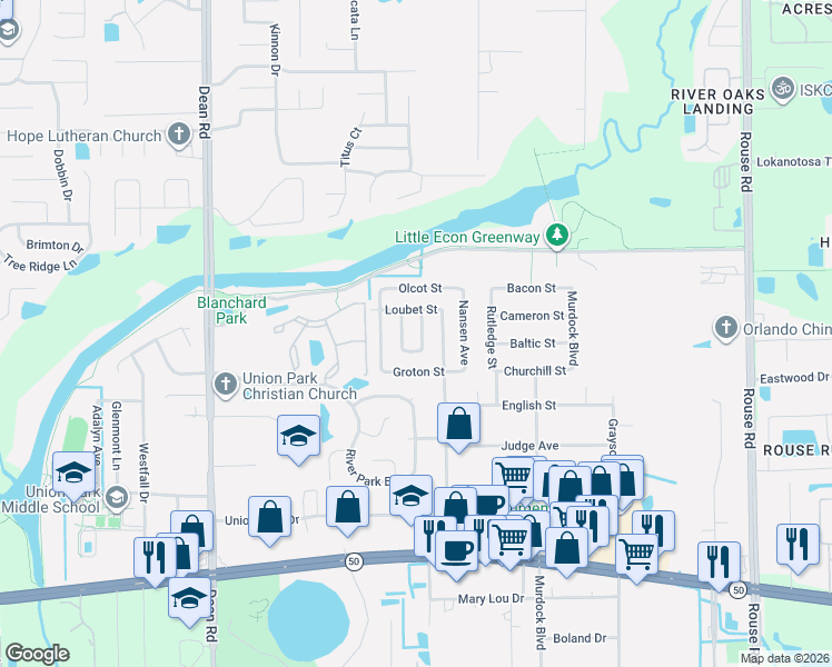 map of restaurants, bars, coffee shops, grocery stores, and more near 2320 Fleet Circle in Orlando