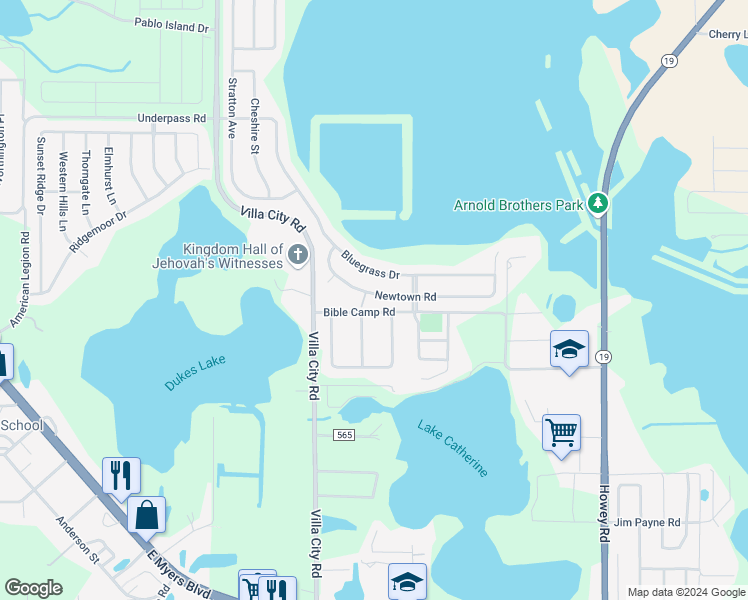 map of restaurants, bars, coffee shops, grocery stores, and more near 2032 Newtown Road in Groveland