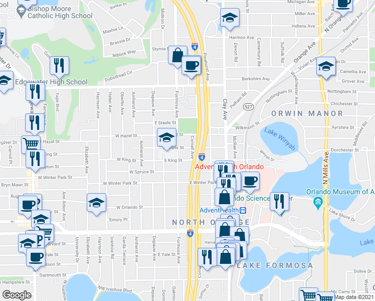 map of restaurants, bars, coffee shops, grocery stores, and more near 118 East Evans Street in Orlando