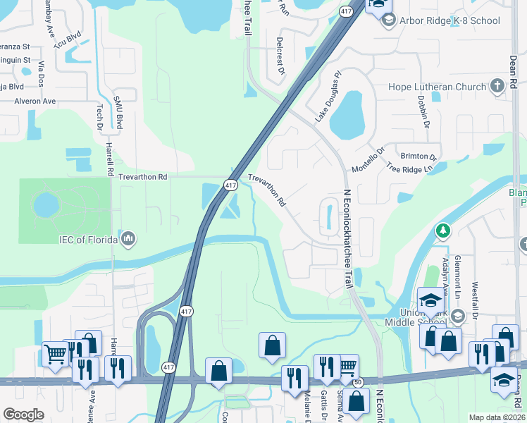 map of restaurants, bars, coffee shops, grocery stores, and more near 9106 Trevarthon Road in Orlando