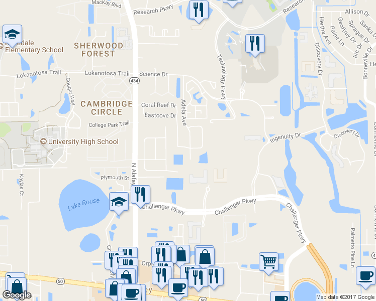 map of restaurants, bars, coffee shops, grocery stores, and more near 2634 Adela Avenue in Orlando