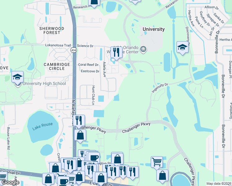 map of restaurants, bars, coffee shops, grocery stores, and more near 12330 Antonio Circle in Orlando