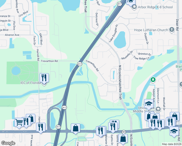map of restaurants, bars, coffee shops, grocery stores, and more near 9106 Trevarthon Road in Orlando
