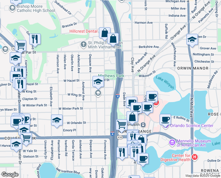 map of restaurants, bars, coffee shops, grocery stores, and more near 115 East Evans Street in Orlando