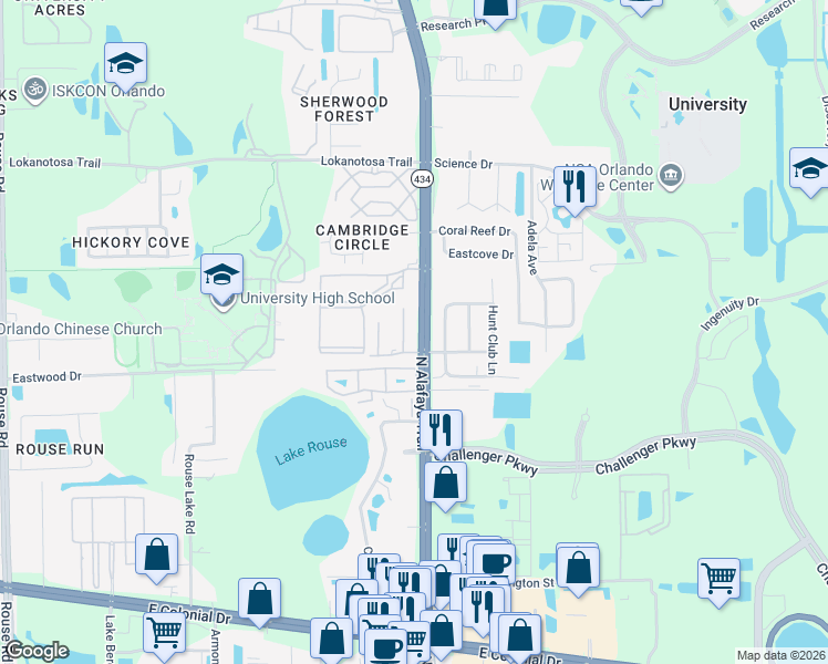 map of restaurants, bars, coffee shops, grocery stores, and more near 2709 Graduate Court in Orlando