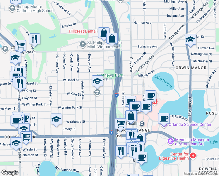map of restaurants, bars, coffee shops, grocery stores, and more near 115 East Evans Street in Orlando