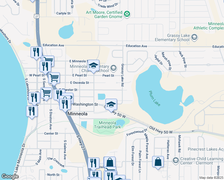 map of restaurants, bars, coffee shops, grocery stores, and more near 319 East Chester Street in Minneola