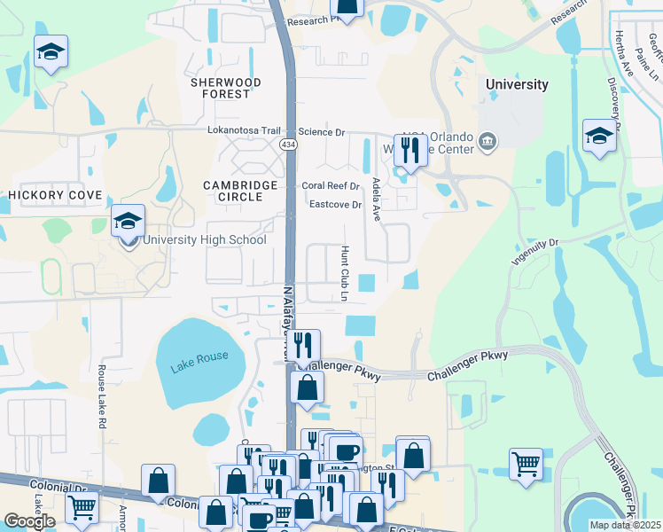 map of restaurants, bars, coffee shops, grocery stores, and more near 2744 Hunt Club Lane in Orlando