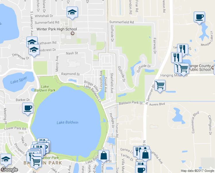 map of restaurants, bars, coffee shops, grocery stores, and more near 2863 Dorell Avenue in Orlando