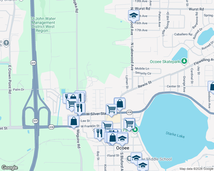 map of restaurants, bars, coffee shops, grocery stores, and more near 12 Lee Street in Ocoee