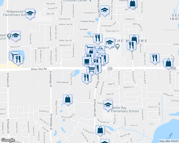 map of restaurants, bars, coffee shops, grocery stores, and more near 5324 Silver Star Road in Pine Hills