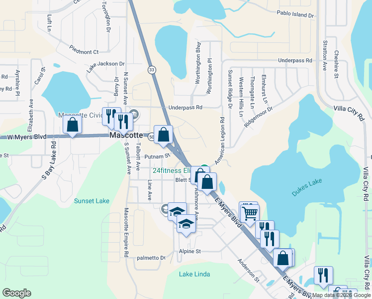 map of restaurants, bars, coffee shops, grocery stores, and more near 53 Bluff Lake Road in Mascotte