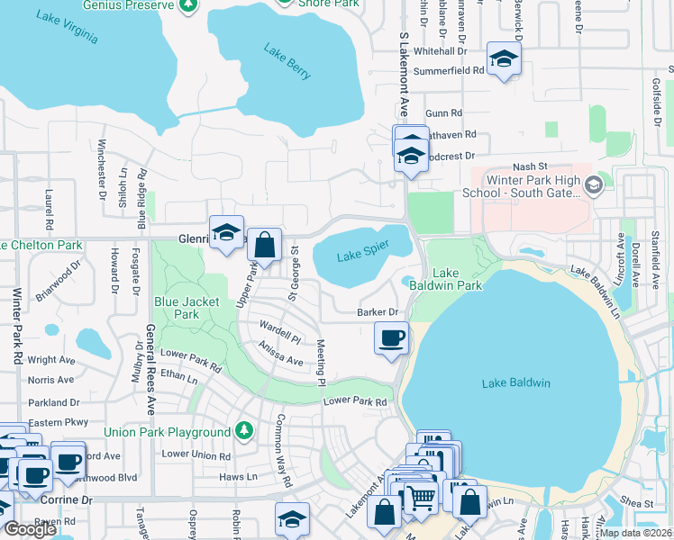 map of restaurants, bars, coffee shops, grocery stores, and more near 1805 Barker Drive in Winter Park