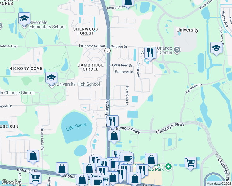 map of restaurants, bars, coffee shops, grocery stores, and more near 2721 Gray Fox Lane in Orlando
