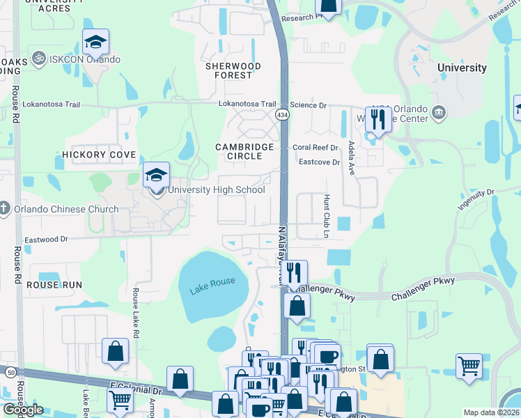 map of restaurants, bars, coffee shops, grocery stores, and more near 2713 Graduate Court in Orlando