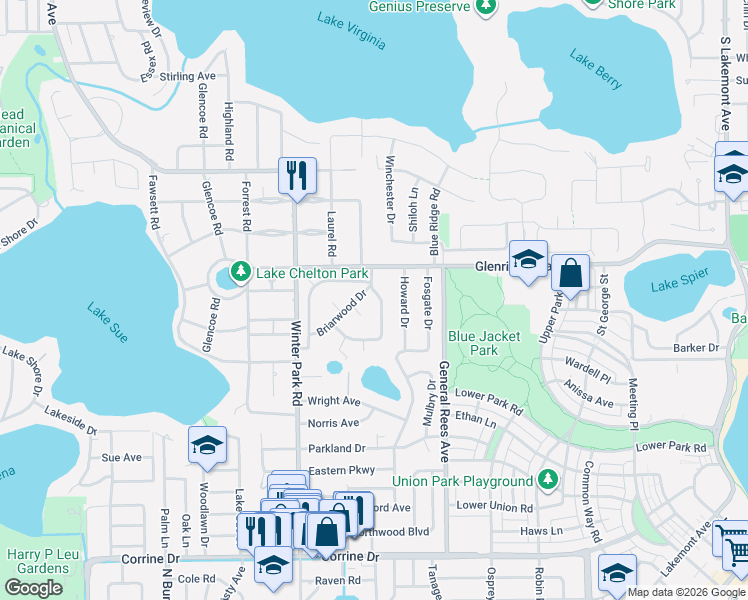 map of restaurants, bars, coffee shops, grocery stores, and more near 455 Briarwood Drive in Winter Park