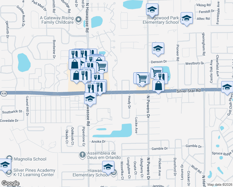 map of restaurants, bars, coffee shops, grocery stores, and more near 6781 Silver Star Road in Orlando