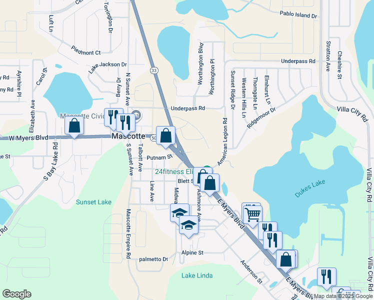 map of restaurants, bars, coffee shops, grocery stores, and more near 55 Bluff Lake Road in Mascotte