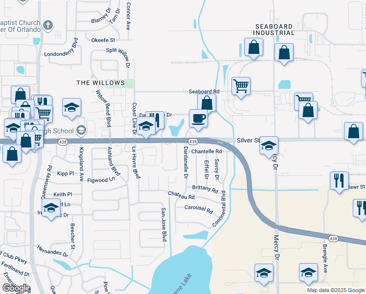 map of restaurants, bars, coffee shops, grocery stores, and more near in Pine Hills