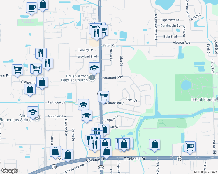 map of restaurants, bars, coffee shops, grocery stores, and more near 7524 Liz Anne Court in Orlando