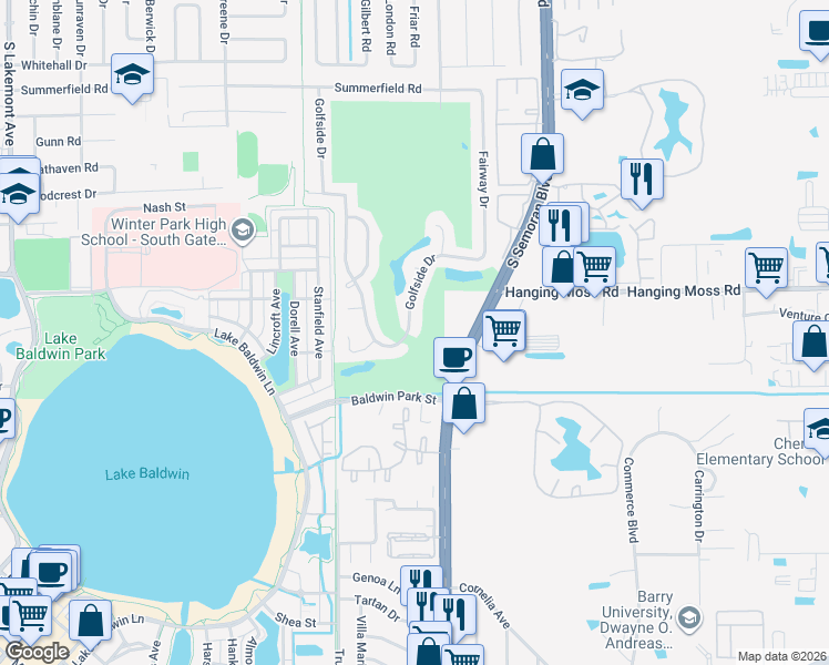 map of restaurants, bars, coffee shops, grocery stores, and more near 1523 Golfside Drive in Winter Park