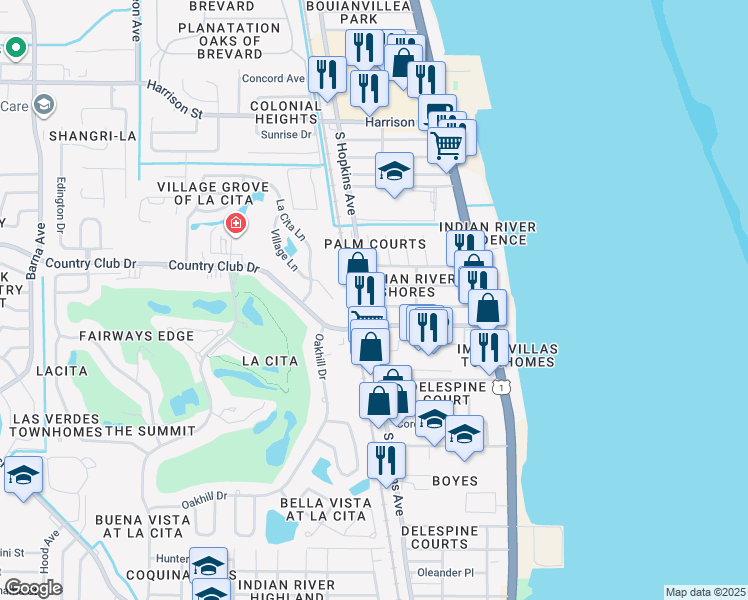 map of restaurants, bars, coffee shops, grocery stores, and more near 225 Seminole Avenue in Titusville