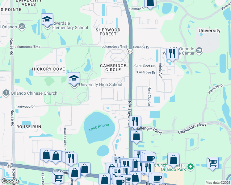 map of restaurants, bars, coffee shops, grocery stores, and more near 2644 Laser Court in Orlando