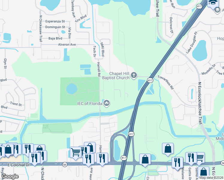map of restaurants, bars, coffee shops, grocery stores, and more near 8660 Trevarthon Road in Orlando